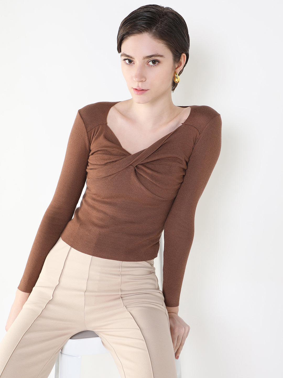 Women's Solid Brown Fitted Top