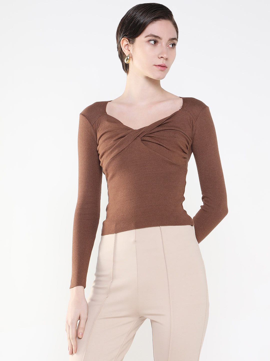 Women's Solid Brown Fitted Top