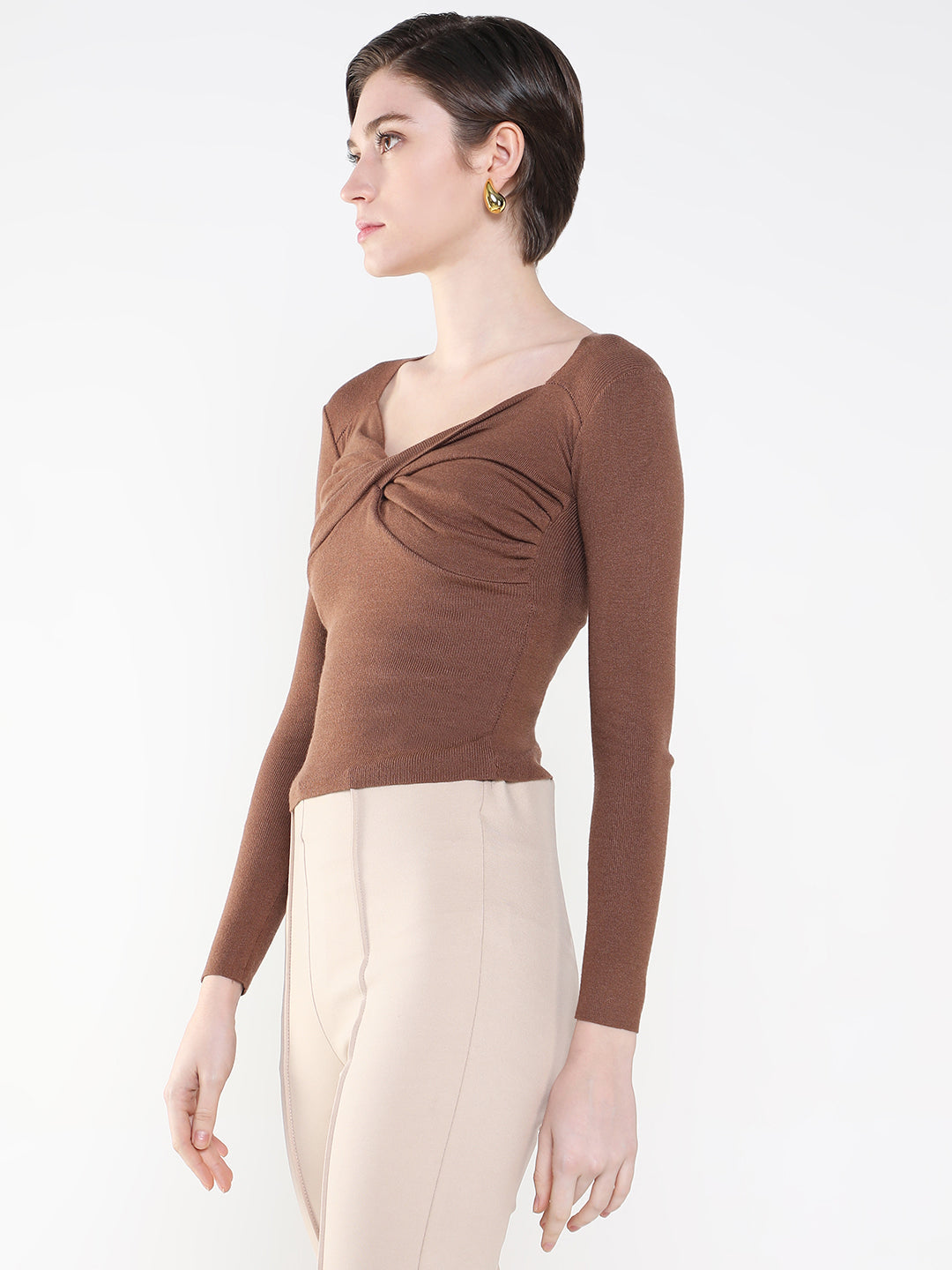 Women's Solid Brown Fitted Top