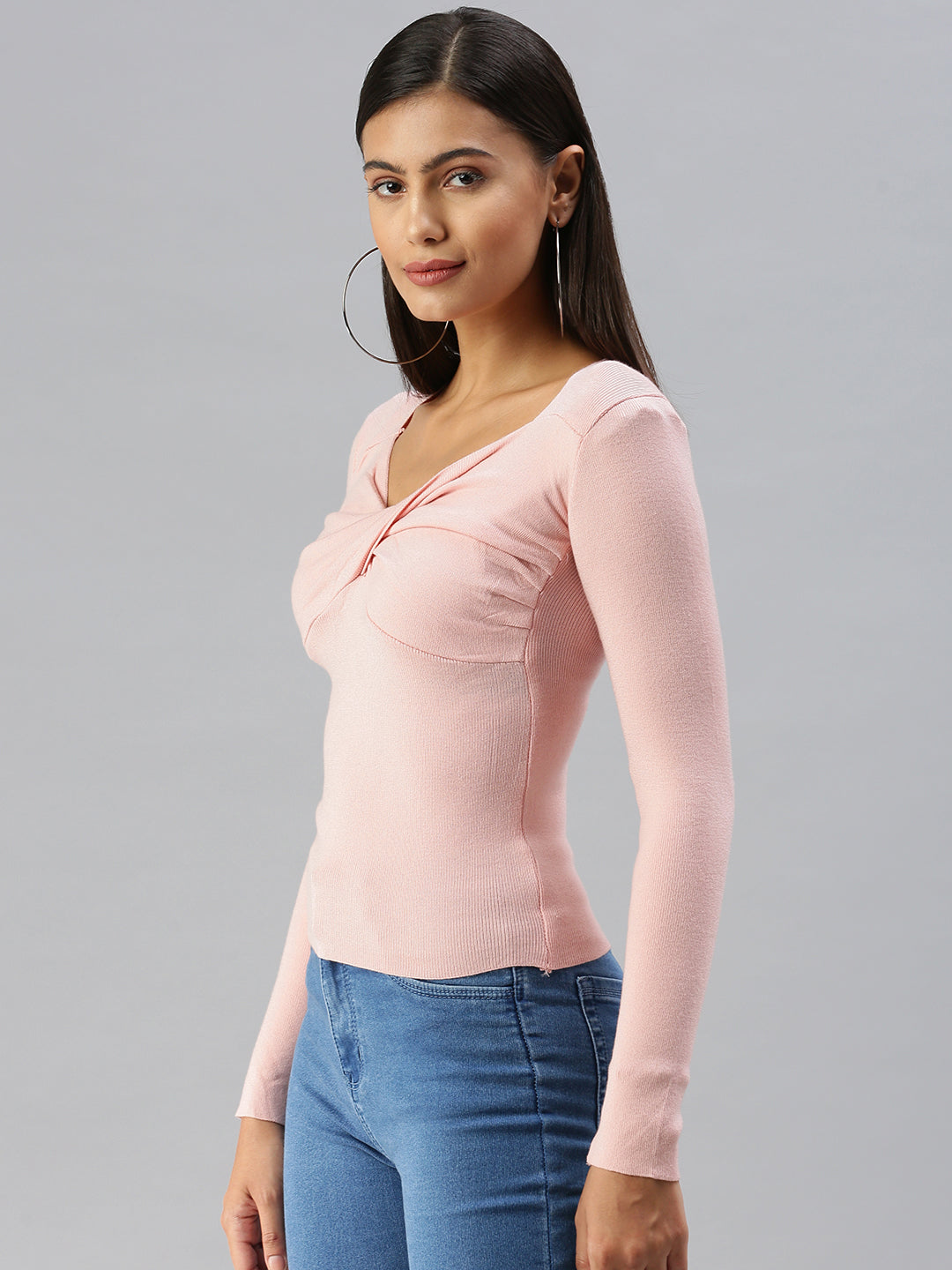 Women Scoop Neck Solid Pink Fitted Top