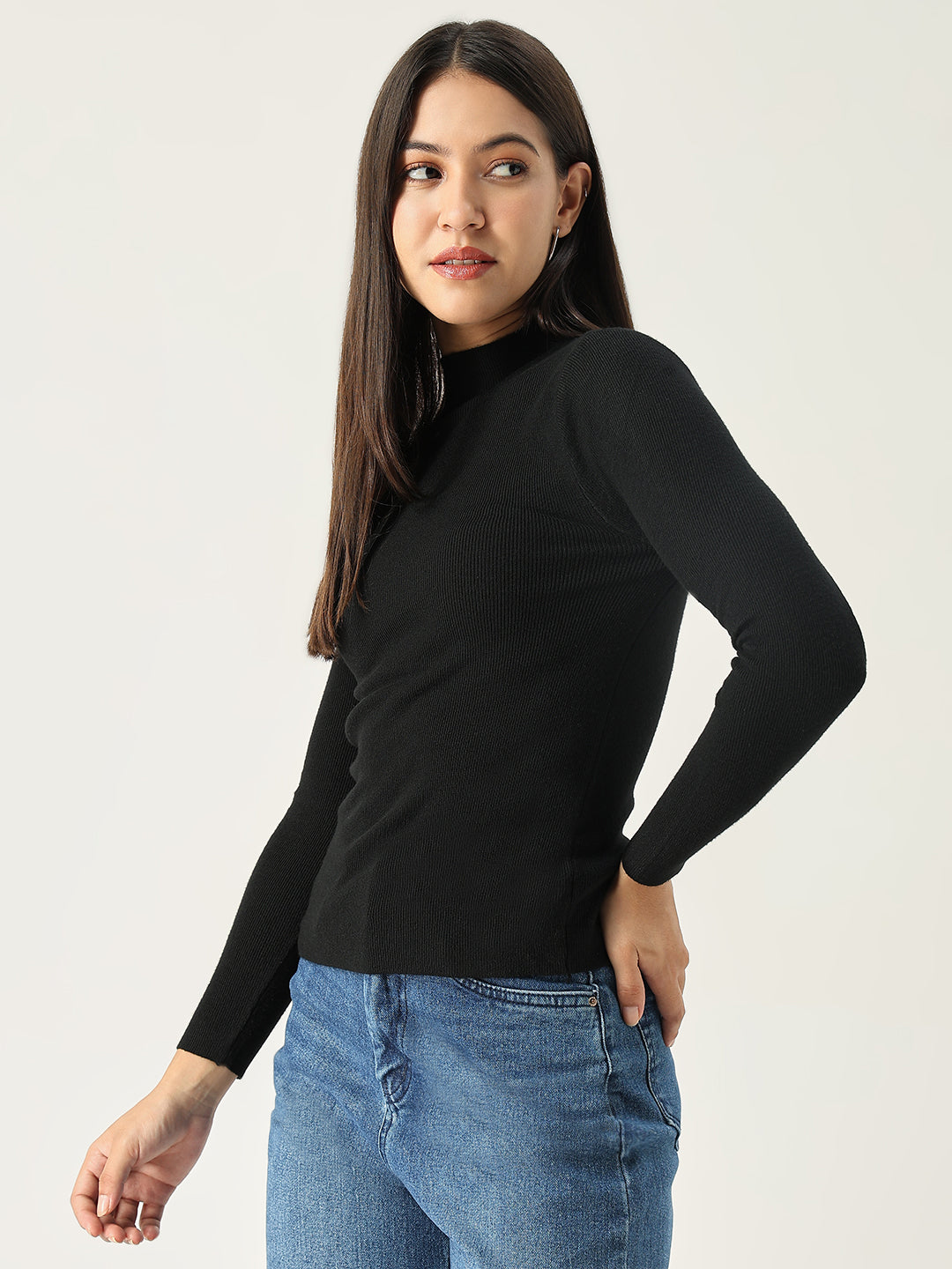 Women Solid Black Fitted Top