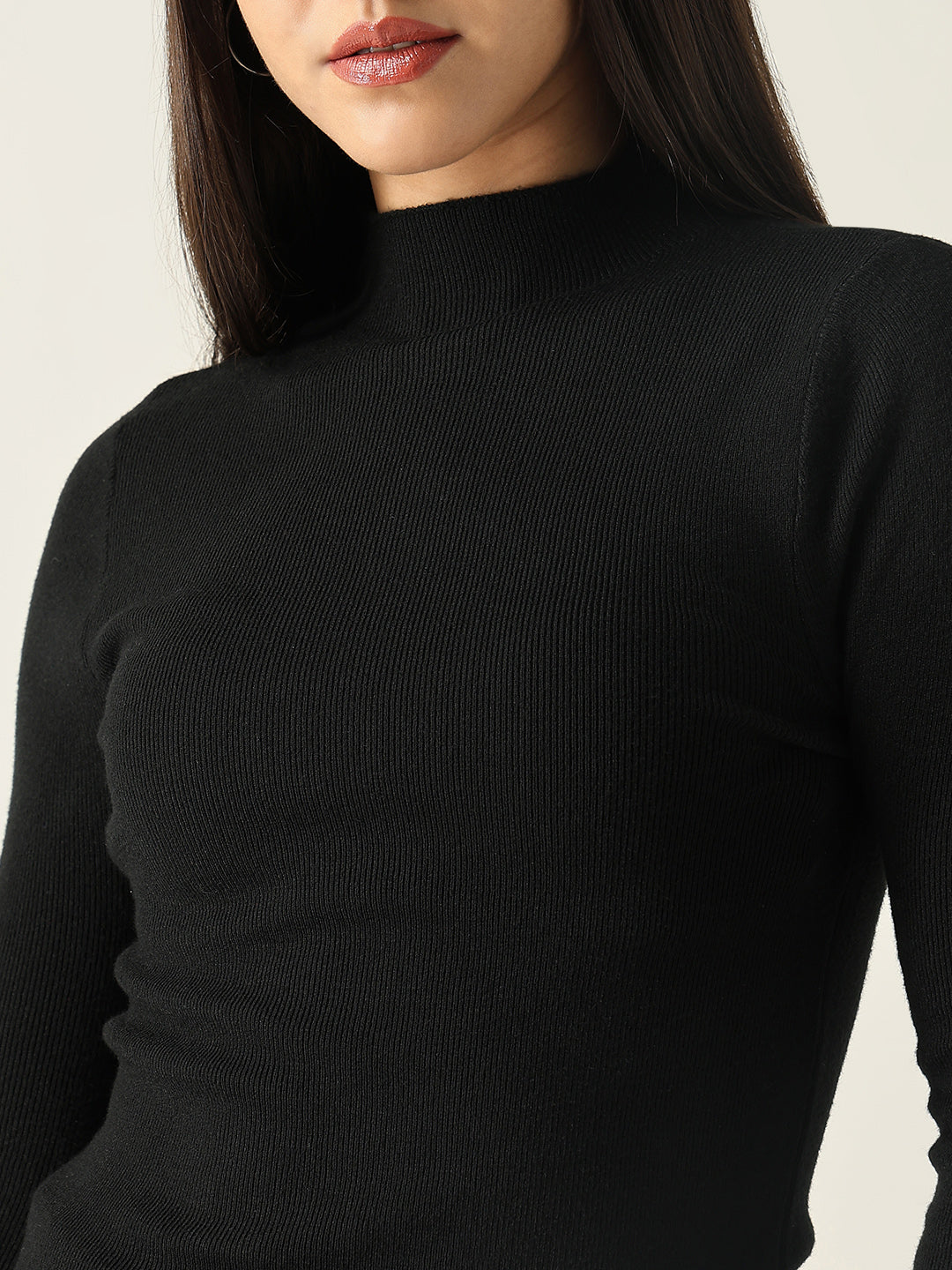 Women Solid Black Fitted Top