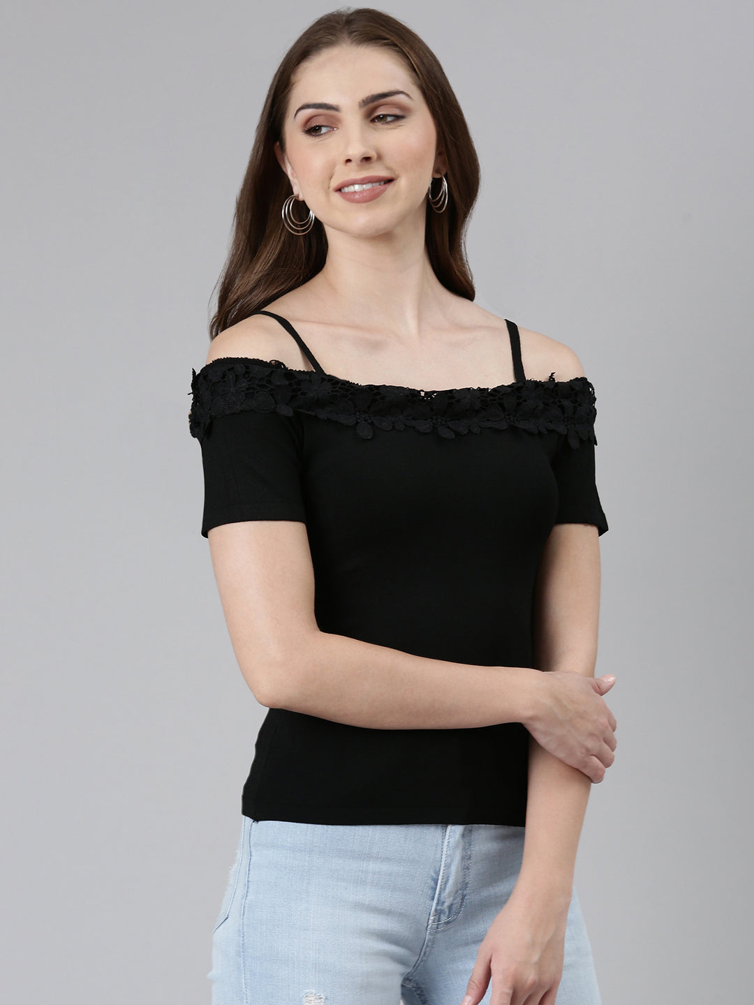 Women's Off-Shoulder Solid Black Top