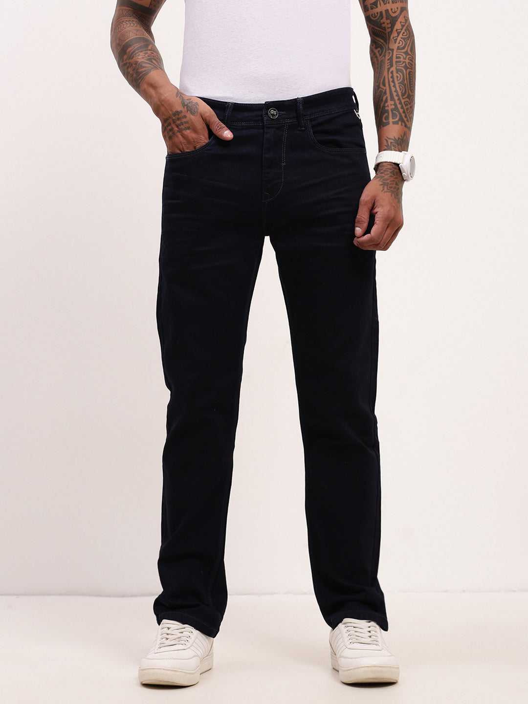 Men Navy Blue Solid Straight Fit Jeans