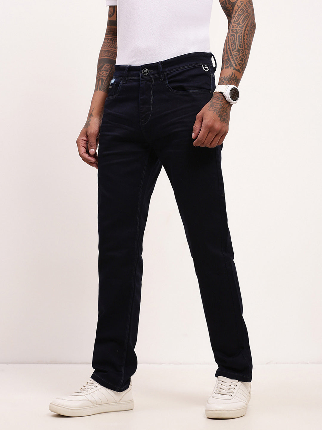 Men's Navy Blue Comfort Straight Fit Low-Rise Acid Wash Stretchable Jeans