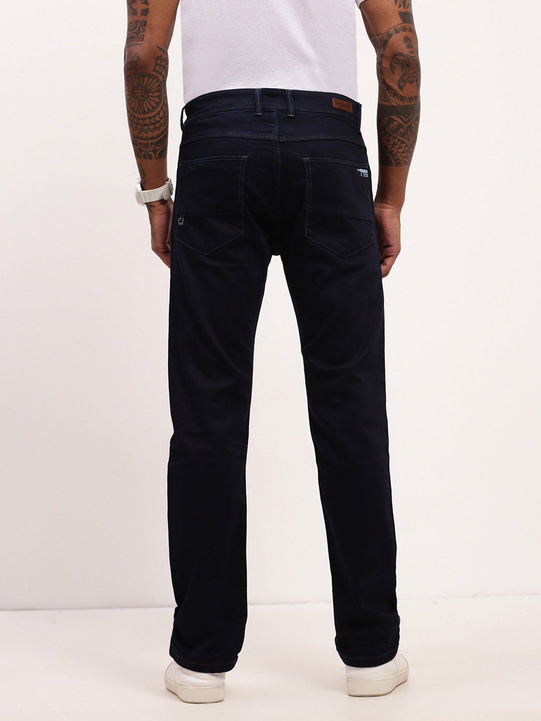 Men Navy Blue Solid Straight Fit Jeans