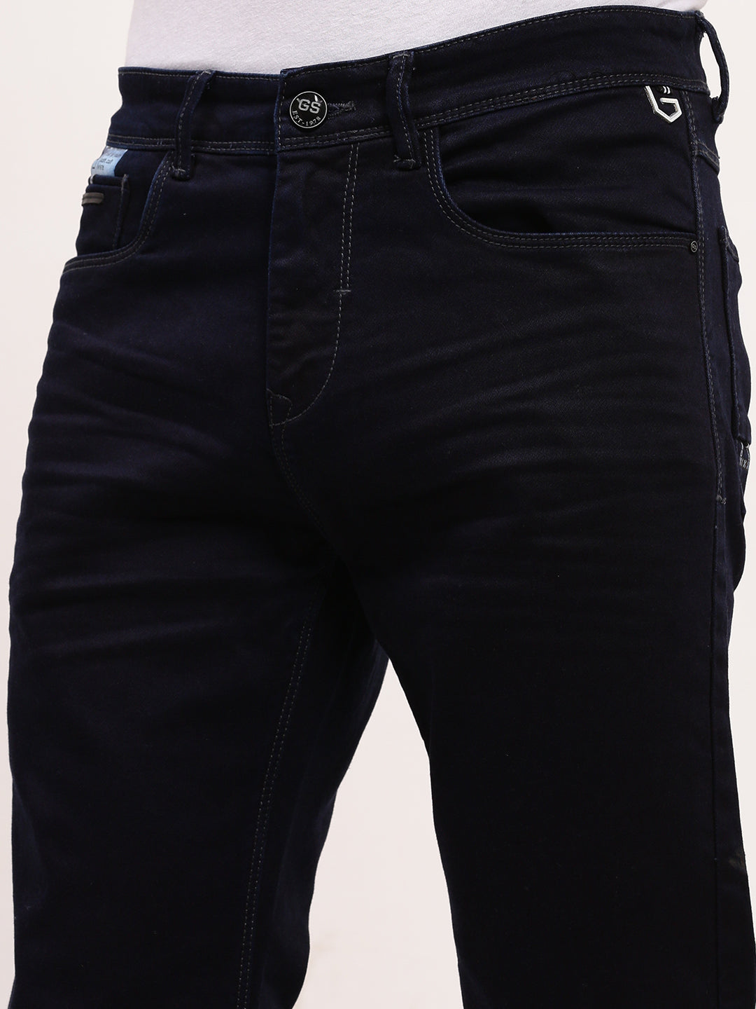 Men Navy Blue Solid Straight Fit Jeans