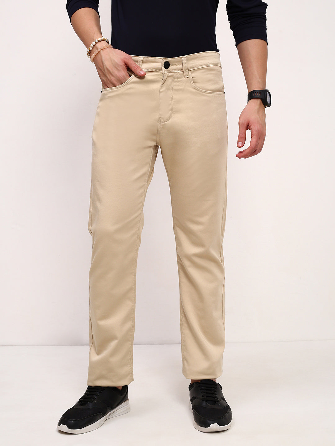 Men Beige Solid Straight Fit Jeans