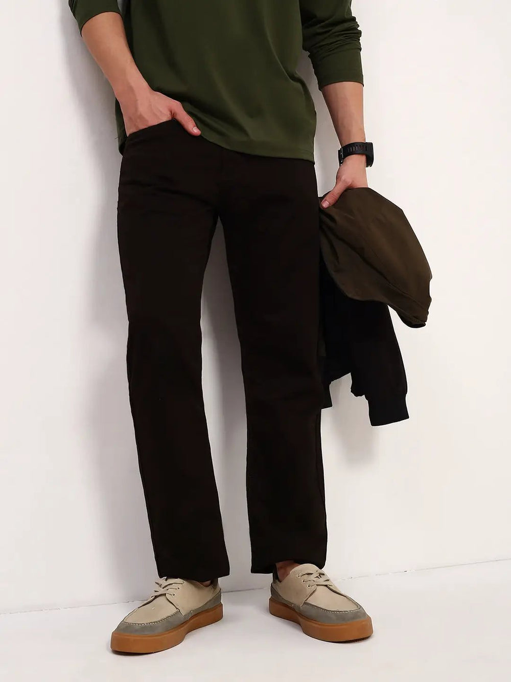 Men's Brown Solid Straight Fit Jeans