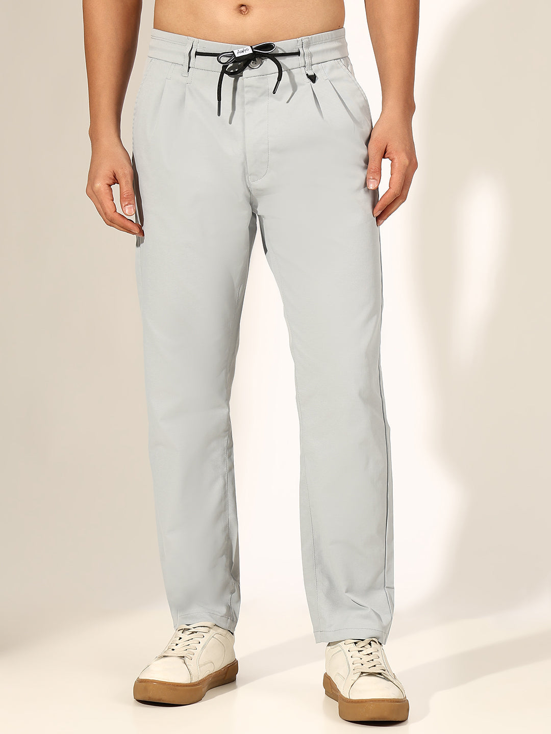 Men's Pleated Grey Straight Fit Trouser with Drawstring