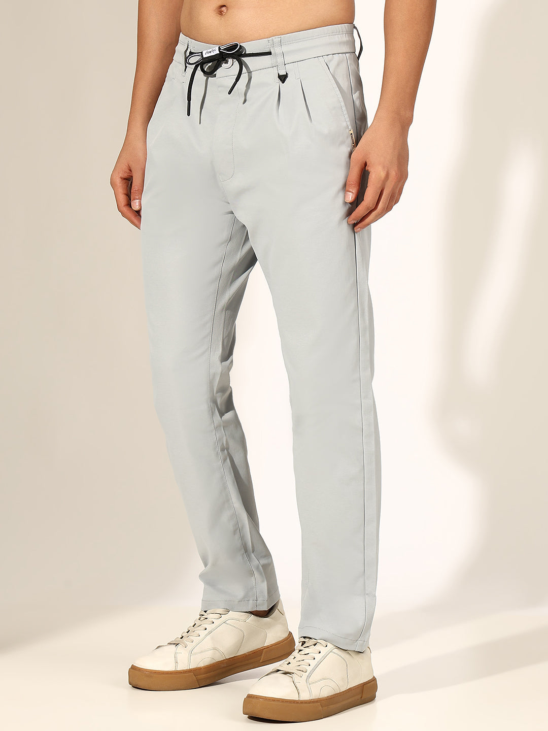 Men's Pleated Grey Straight Fit Trouser with Drawstring
