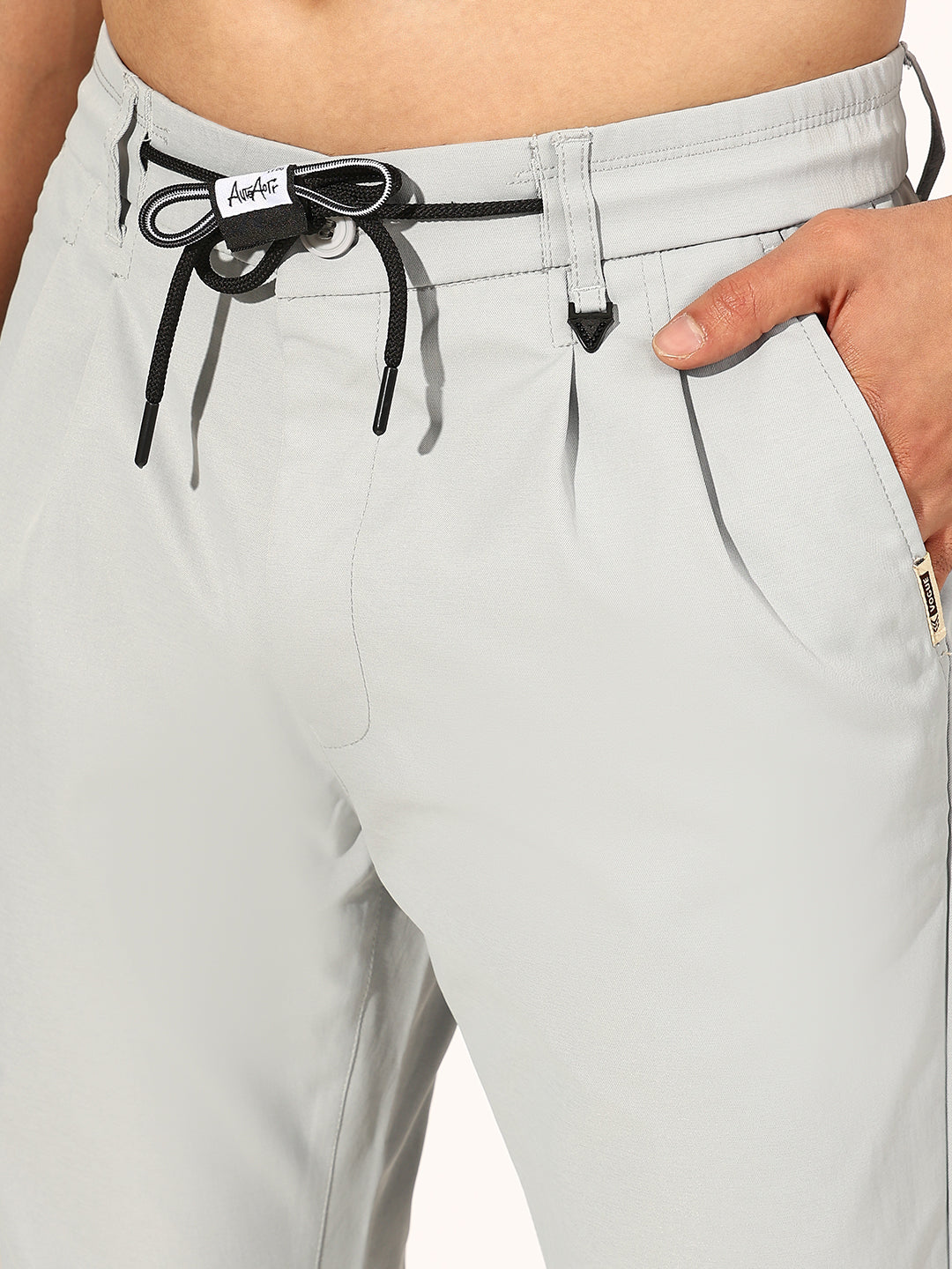 Men's Pleated Grey Straight Fit Trouser with Drawstring