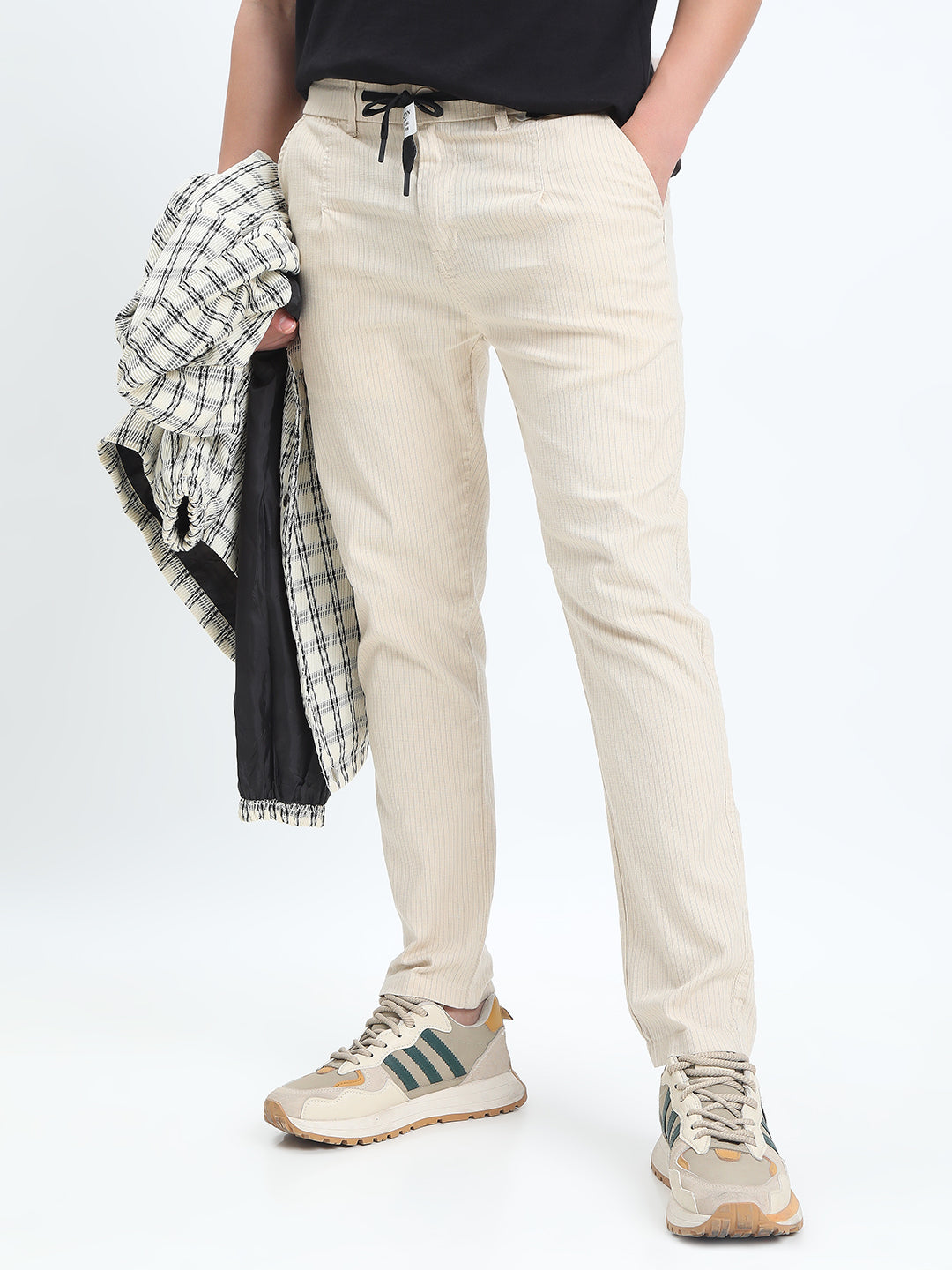 Men's Striped Cream Straight Fit Trousers with Contrast Drawstring and Pocket Trim Detail