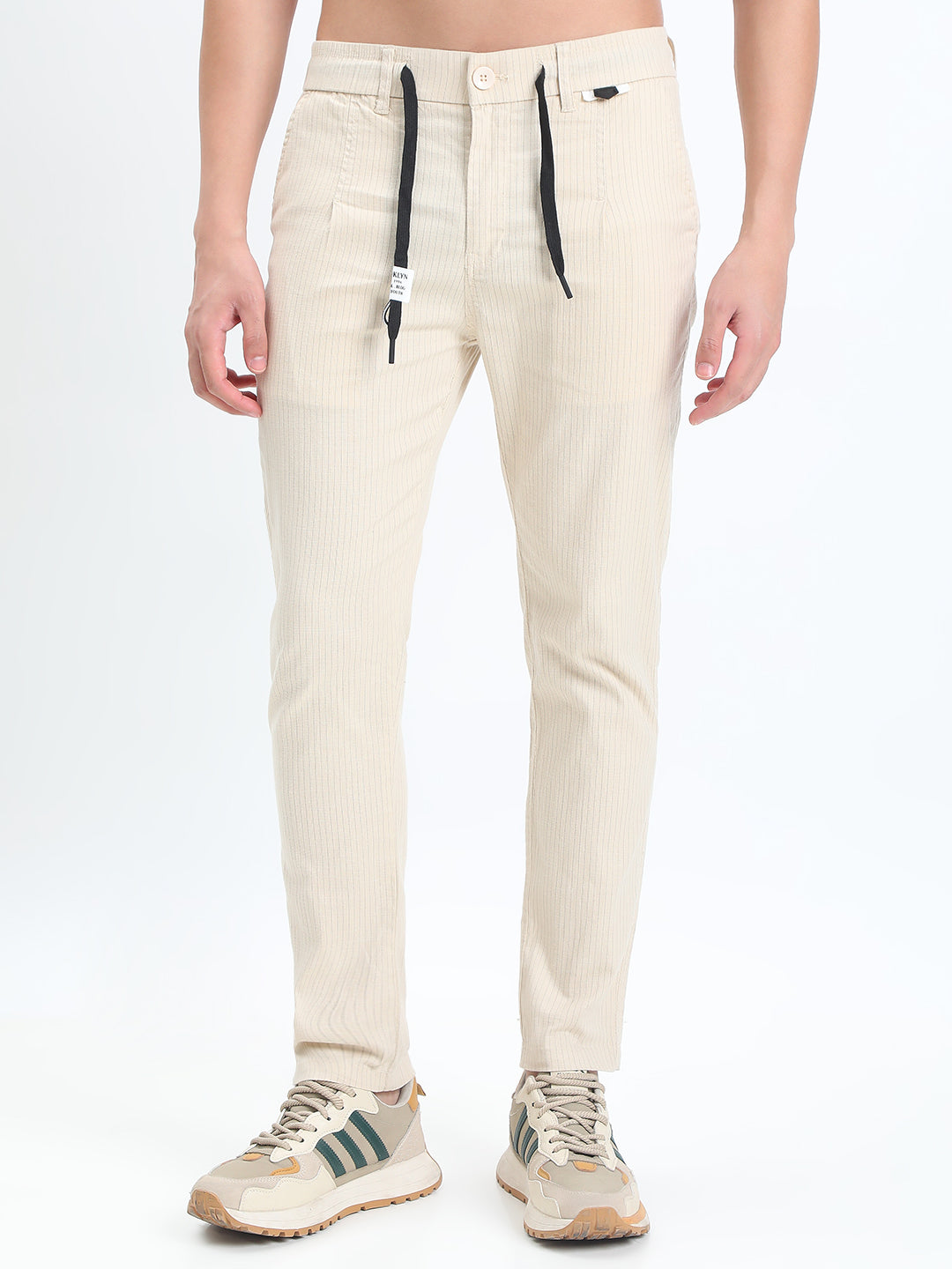 Men's Striped Cream Straight Fit Trousers with Contrast Drawstring and Pocket Trim Detail