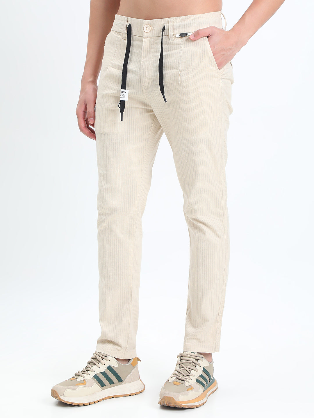 Men's Striped Cream Straight Fit Trousers with Contrast Drawstring and Pocket Trim Detail