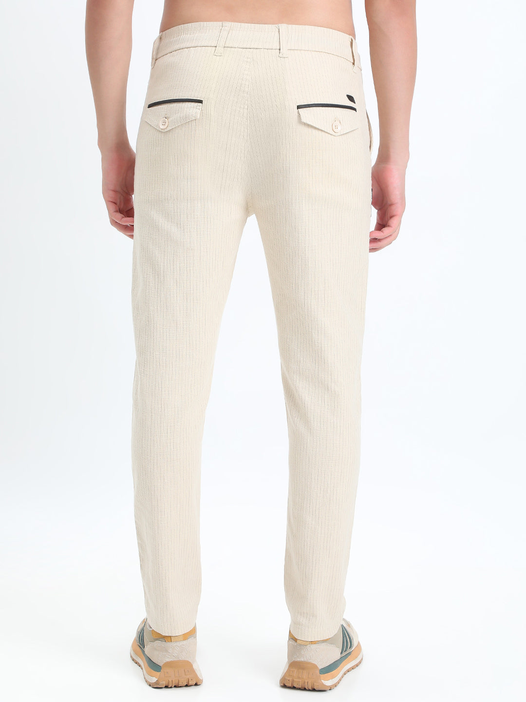 Men's Striped Cream Straight Fit Trousers with Contrast Drawstring and Pocket Trim Detail