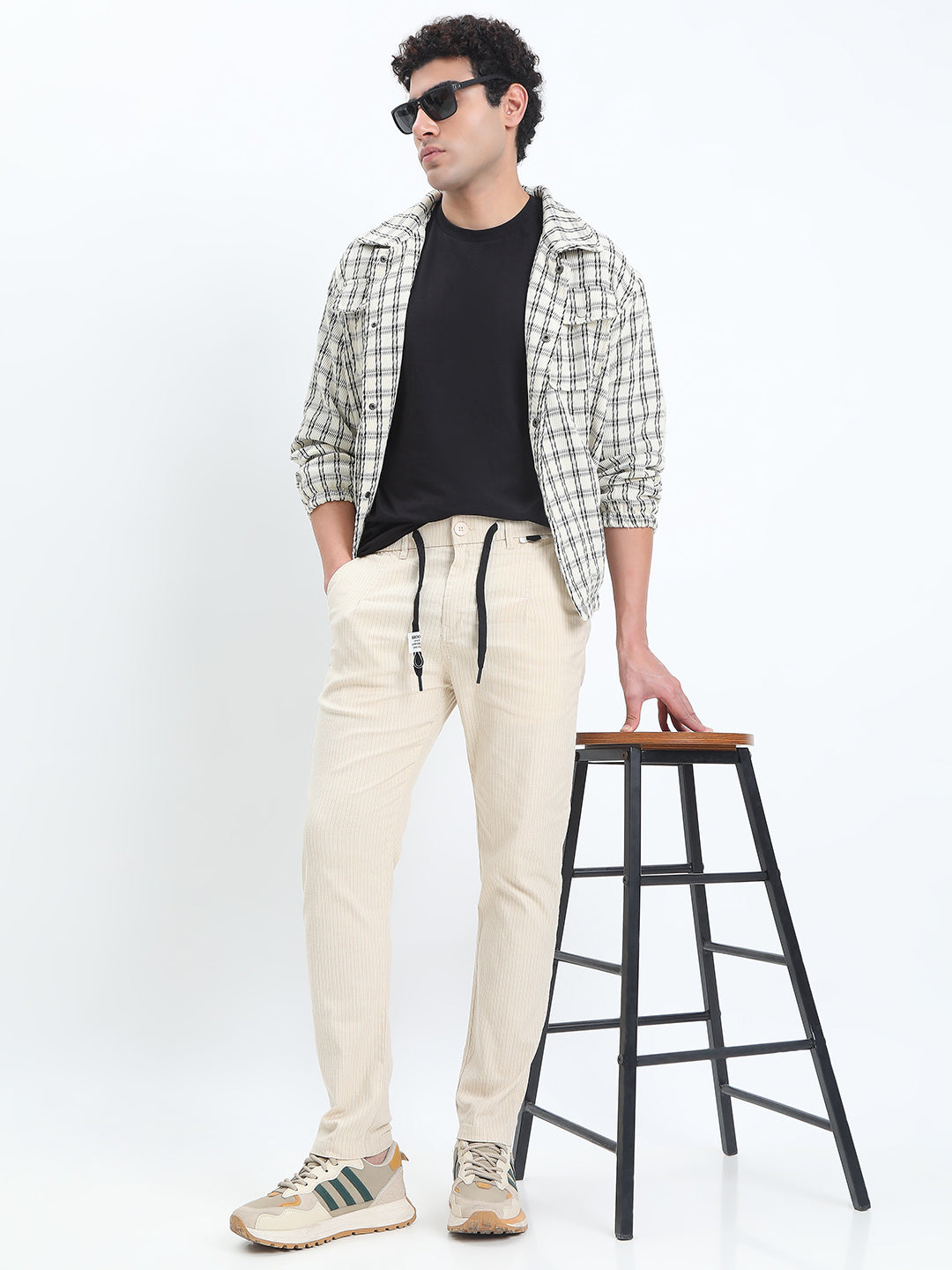 Men's Striped Cream Straight Fit Trousers with Contrast Drawstring and Pocket Trim Detail