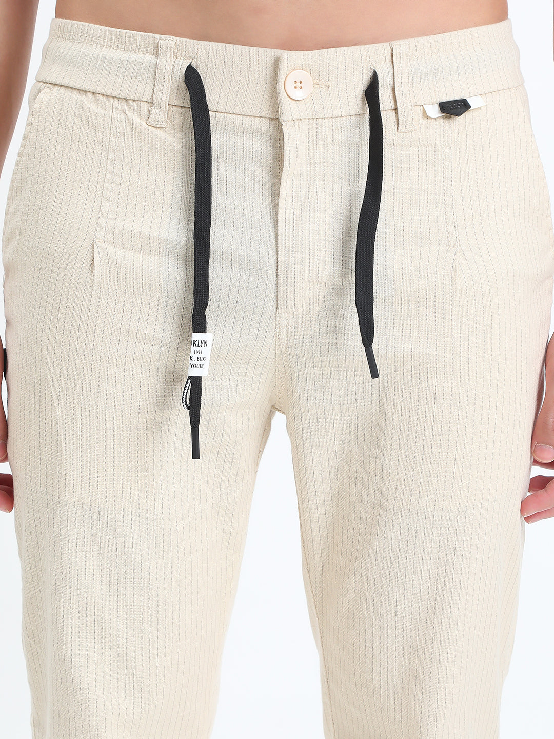 Men's Striped Cream Straight Fit Trousers with Contrast Drawstring and Pocket Trim Detail