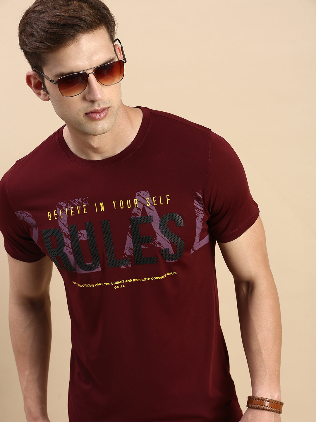 Men Round Neck Typography Burgundy T Shirt