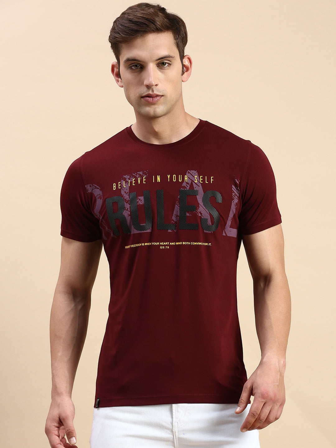 Men Round Neck Typography Burgundy T Shirt