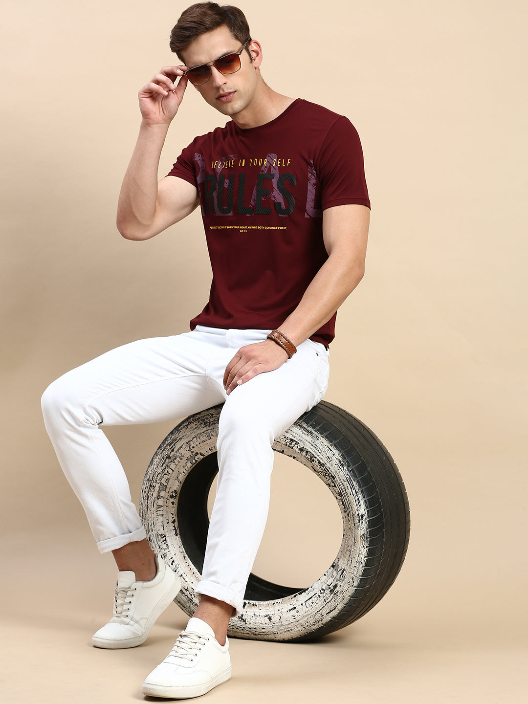 Men Round Neck Typography Burgundy T Shirt