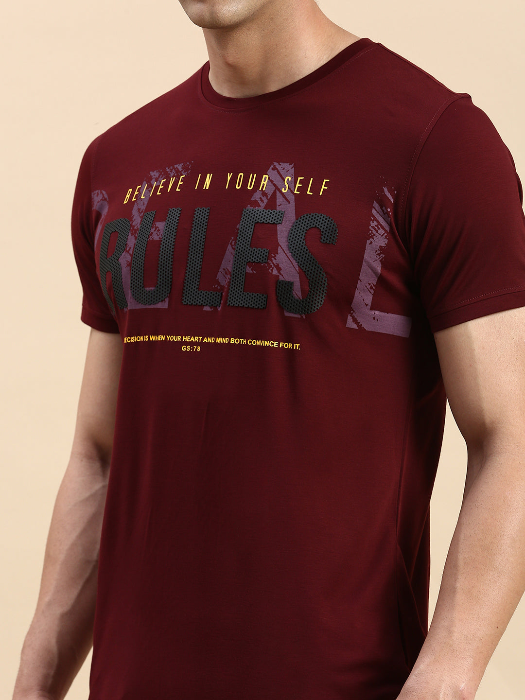 Men Round Neck Typography Burgundy T Shirt