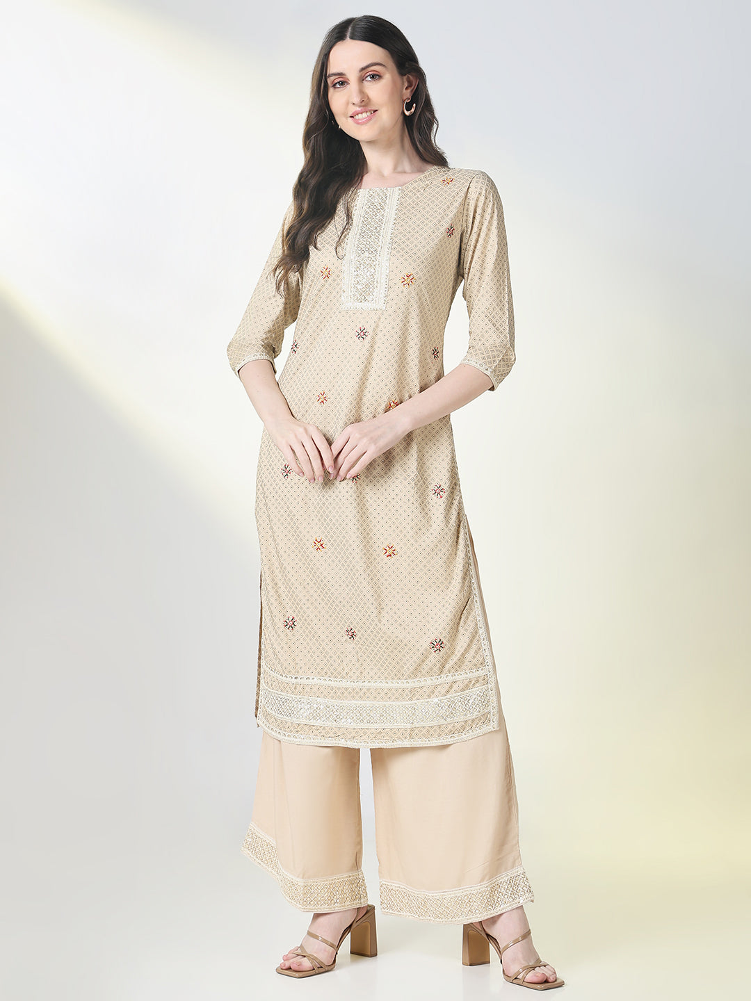 Women Beige Geometric Straight Kurta Set