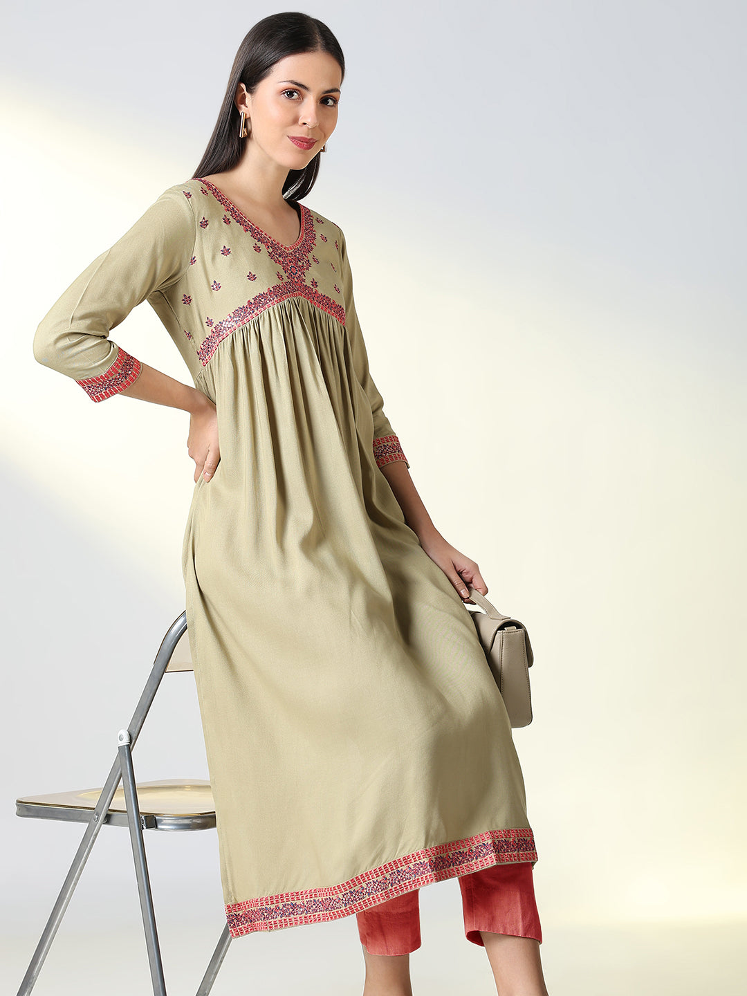 Women Beige Solid A Line Kurta