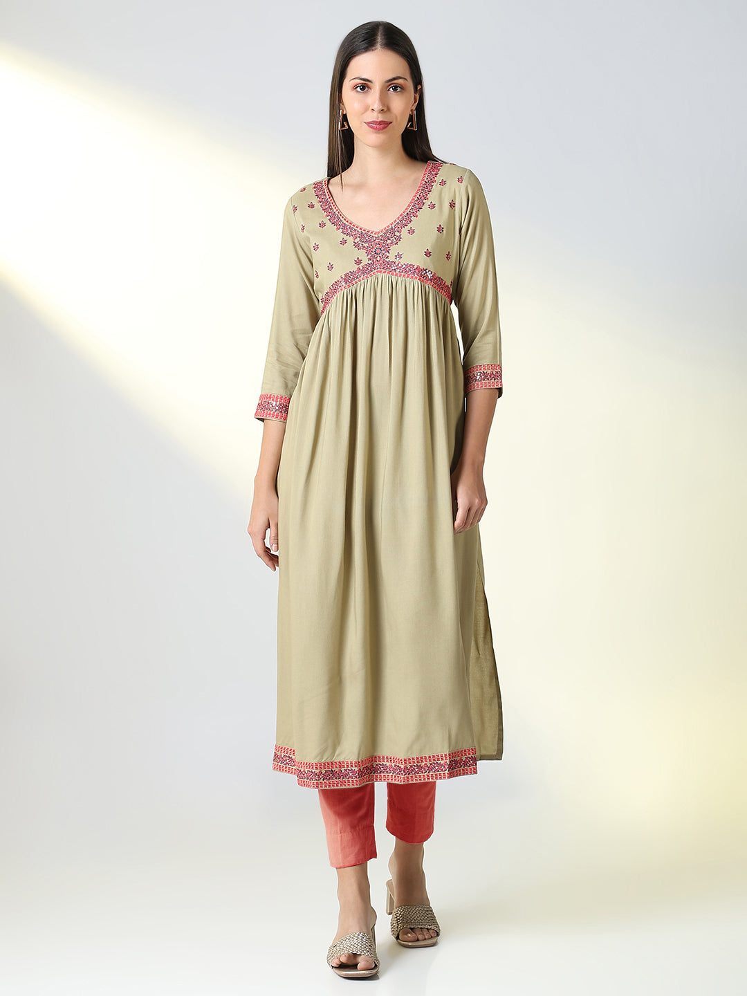 Women Beige Solid A Line Kurta