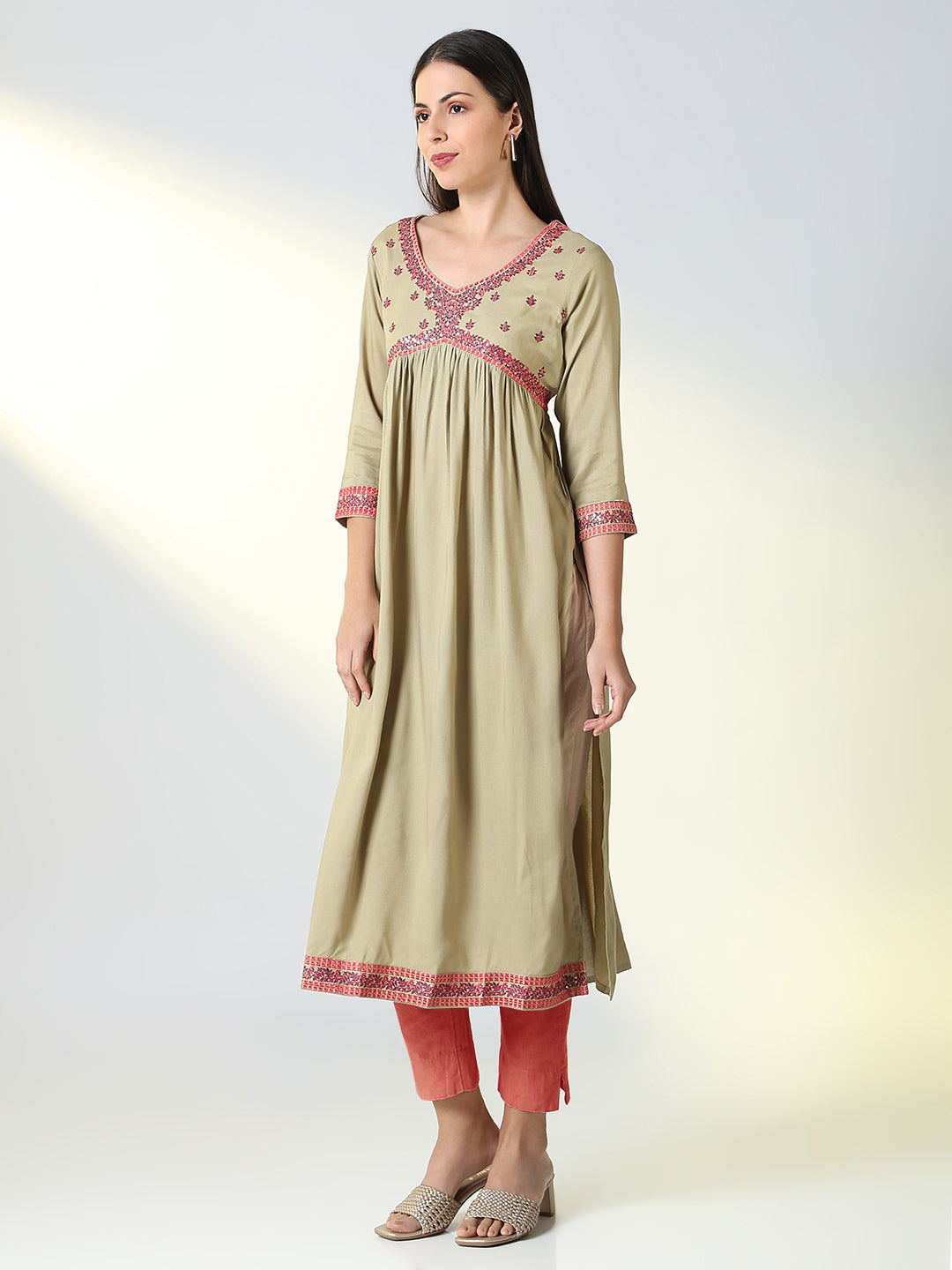 Women Beige Solid A Line Kurta