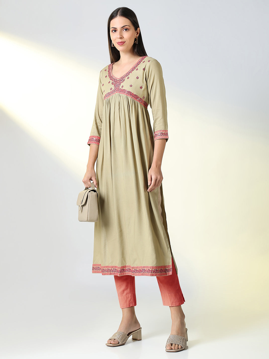 Women Beige Solid A Line Kurta