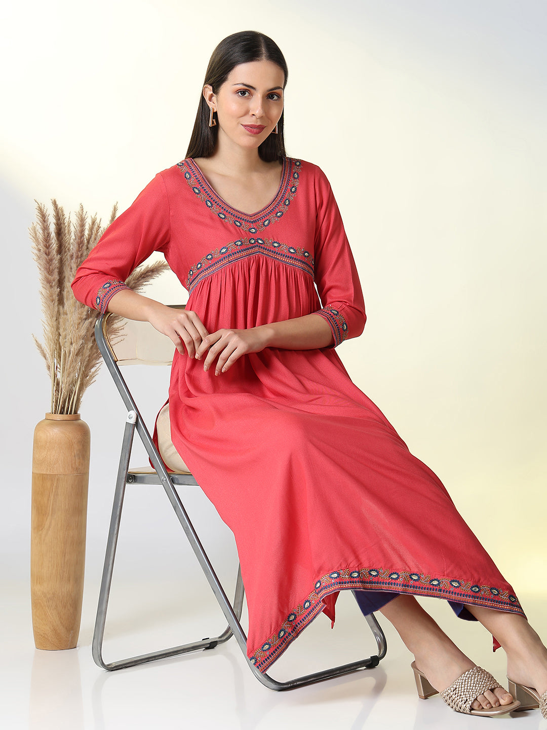 Women Pink Solid A Line Kurta