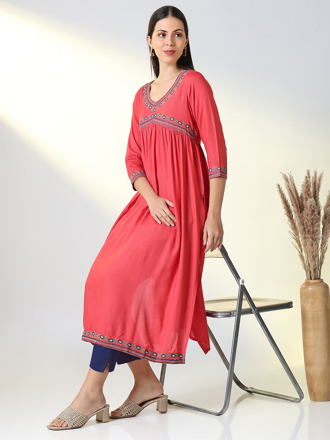 Women Pink Solid A Line Kurta