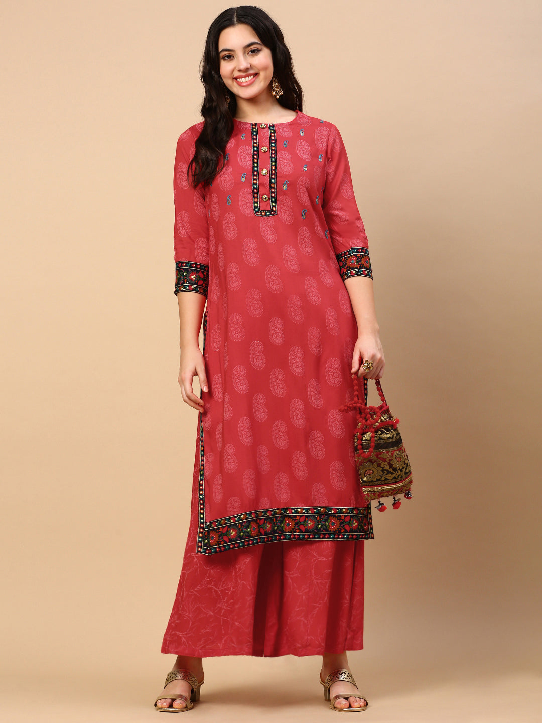 Women Paisley Red Straight Kurta Set