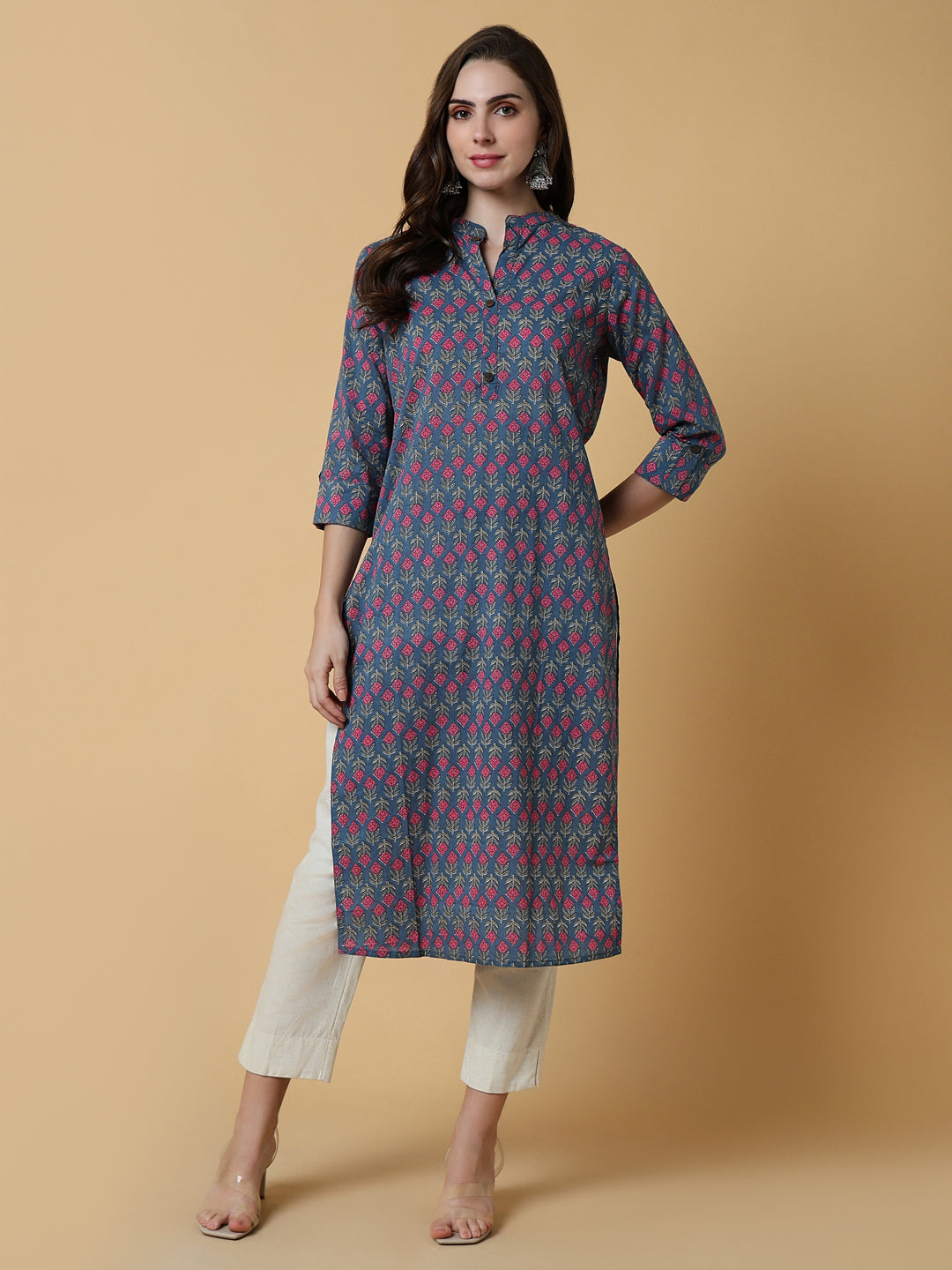 Women Blue Floral Straight Kurta