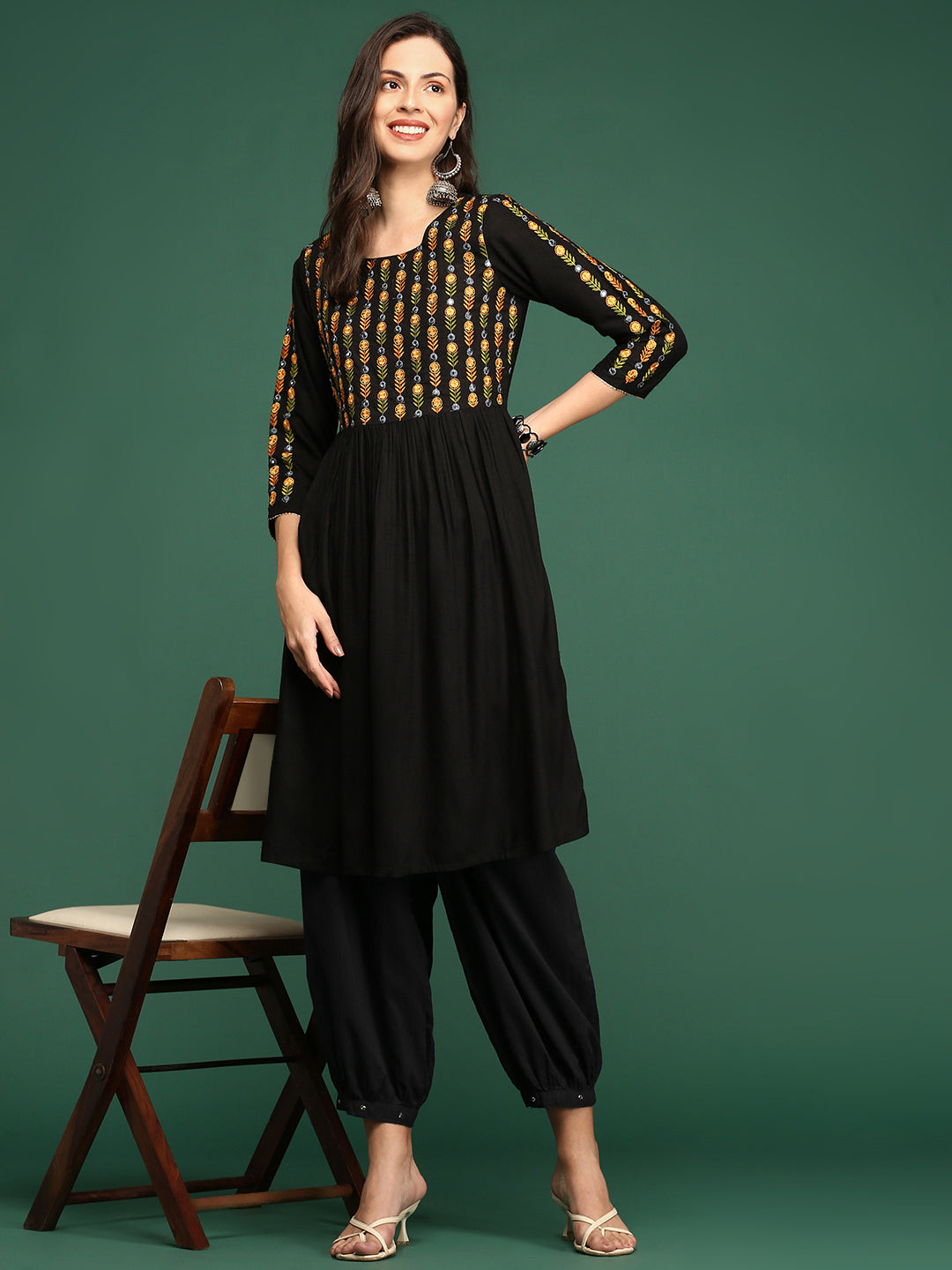 Women's Black Embroidered Anarkali Kurta