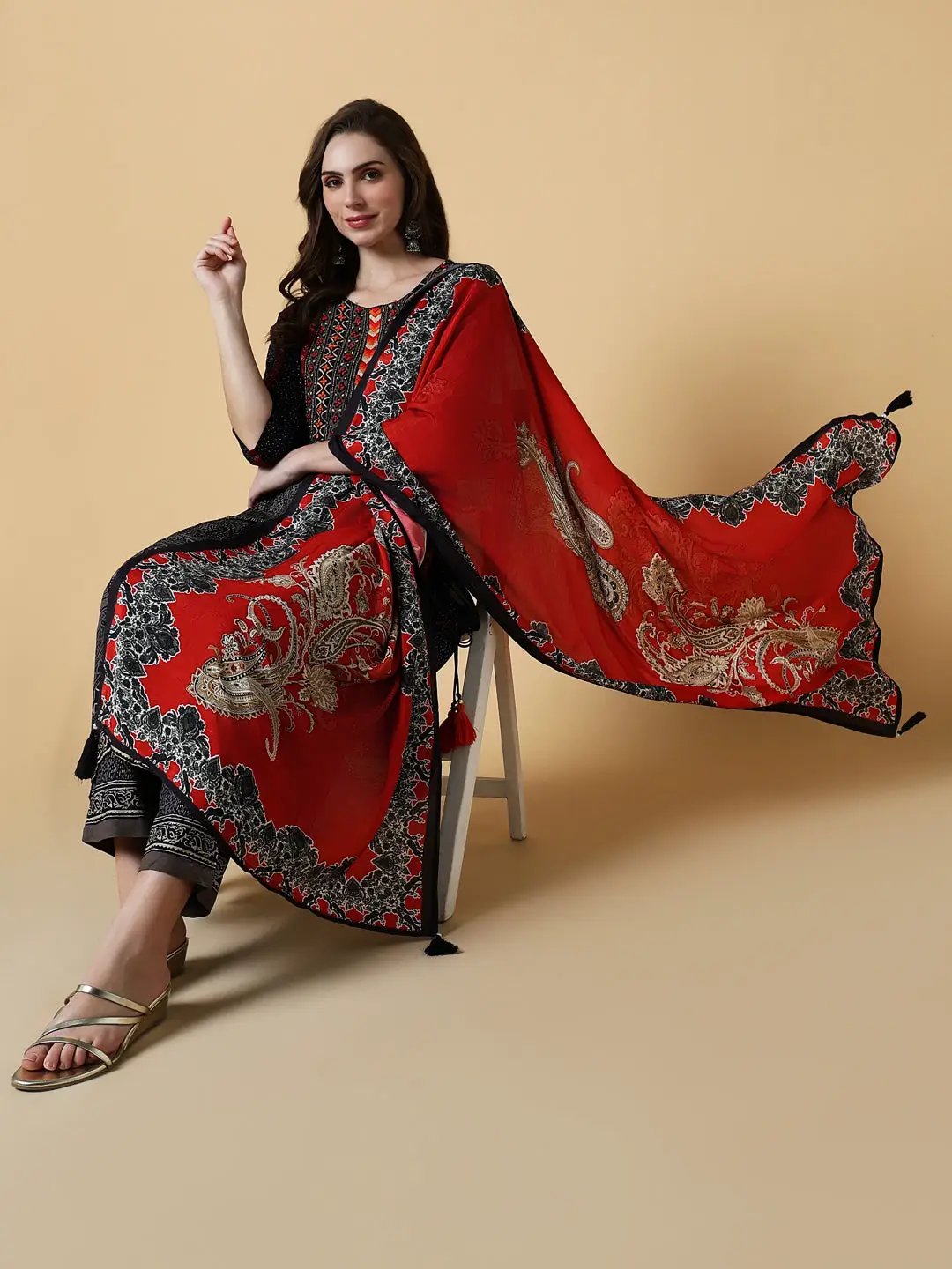 Women's Graphic Navy Blue A-Line Kurta Set