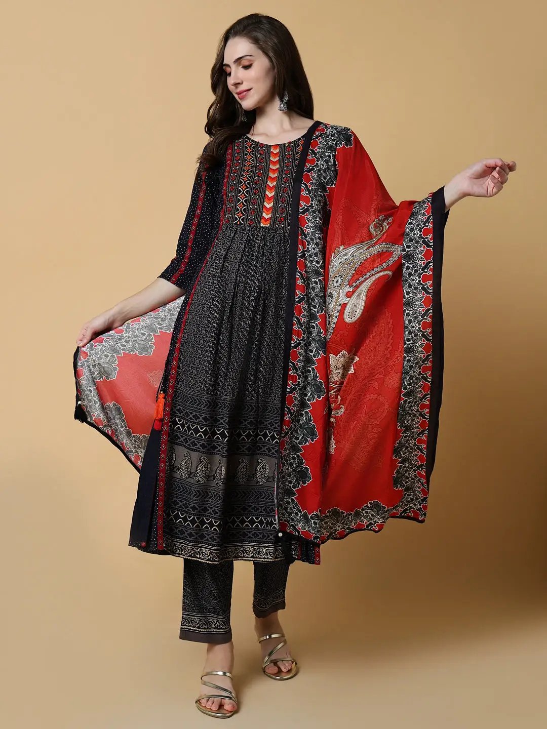 Women's Graphic Navy Blue A-Line Kurta Set