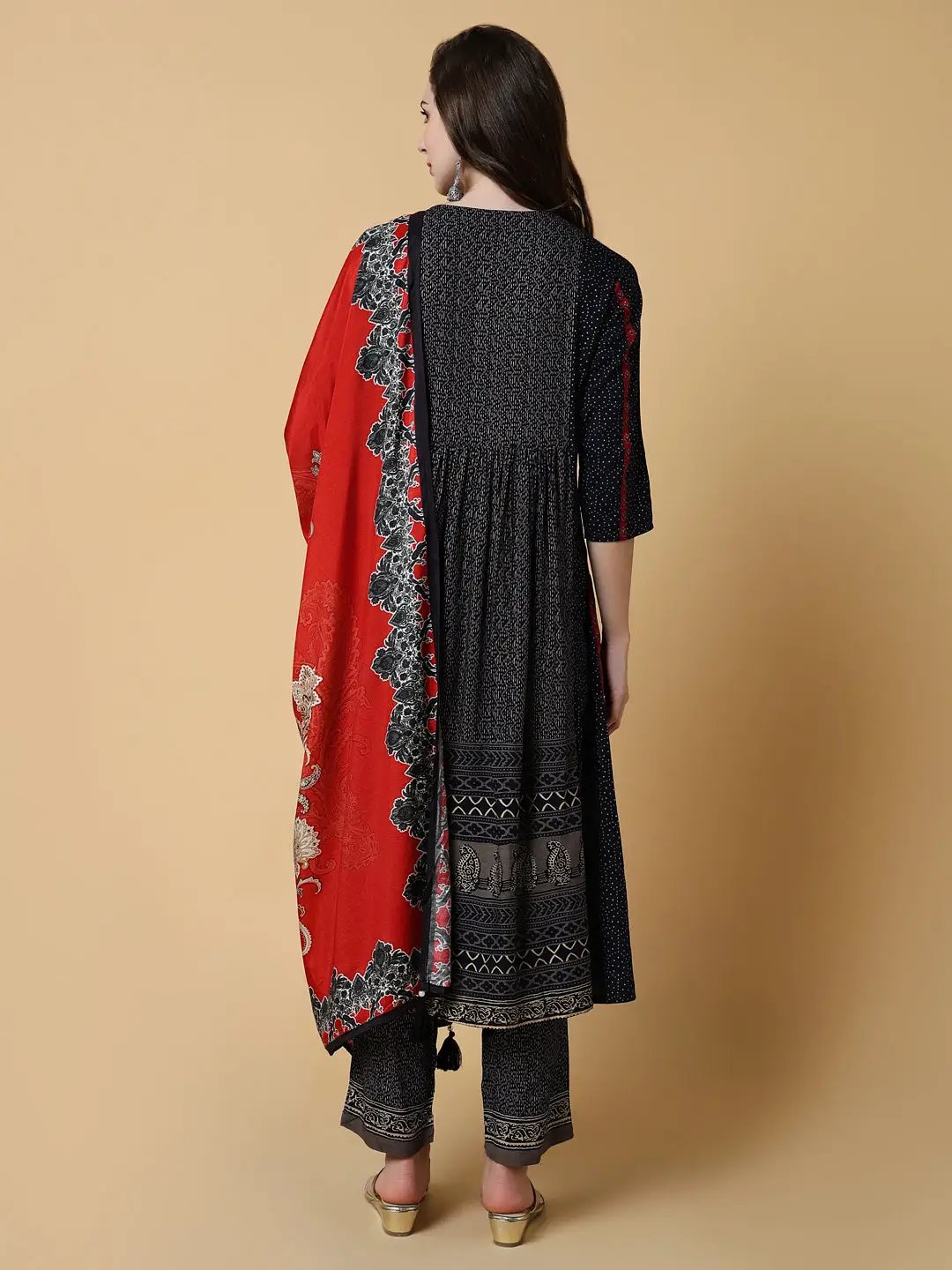 Women's Graphic Navy Blue A-Line Kurta Set
