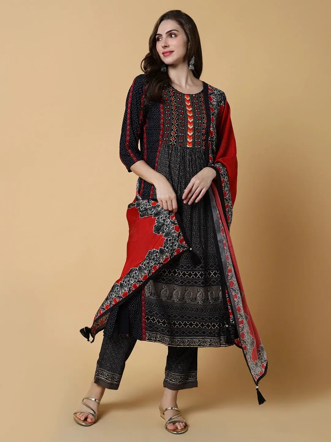 Women's Graphic Navy Blue A-Line Kurta Set