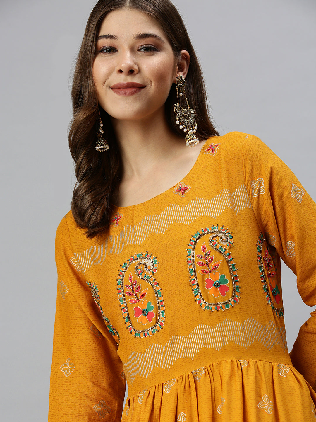 Women Printed Mustard A-line Kurta