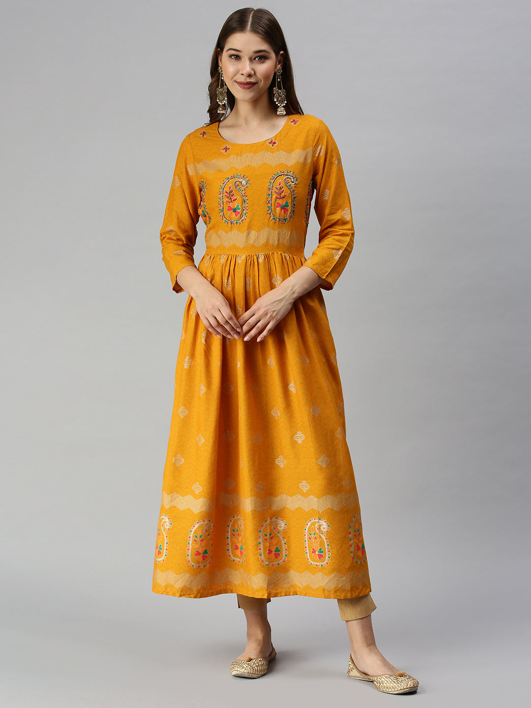 Women Printed Mustard A-line Kurta