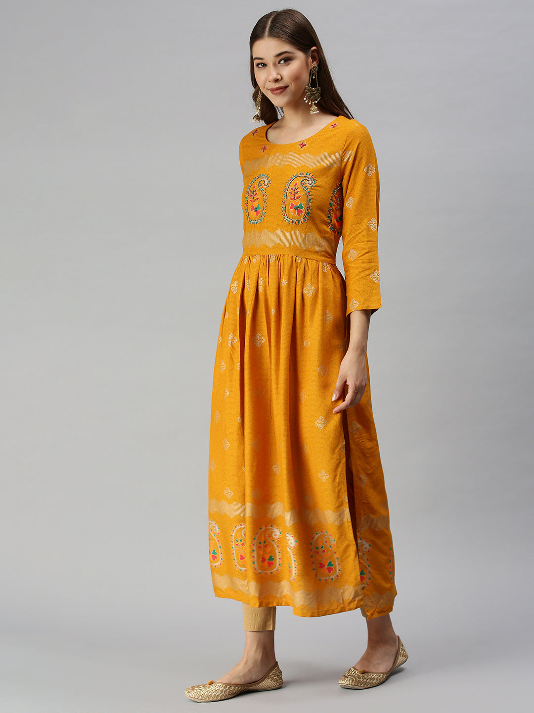 Women Printed Mustard A-line Kurta