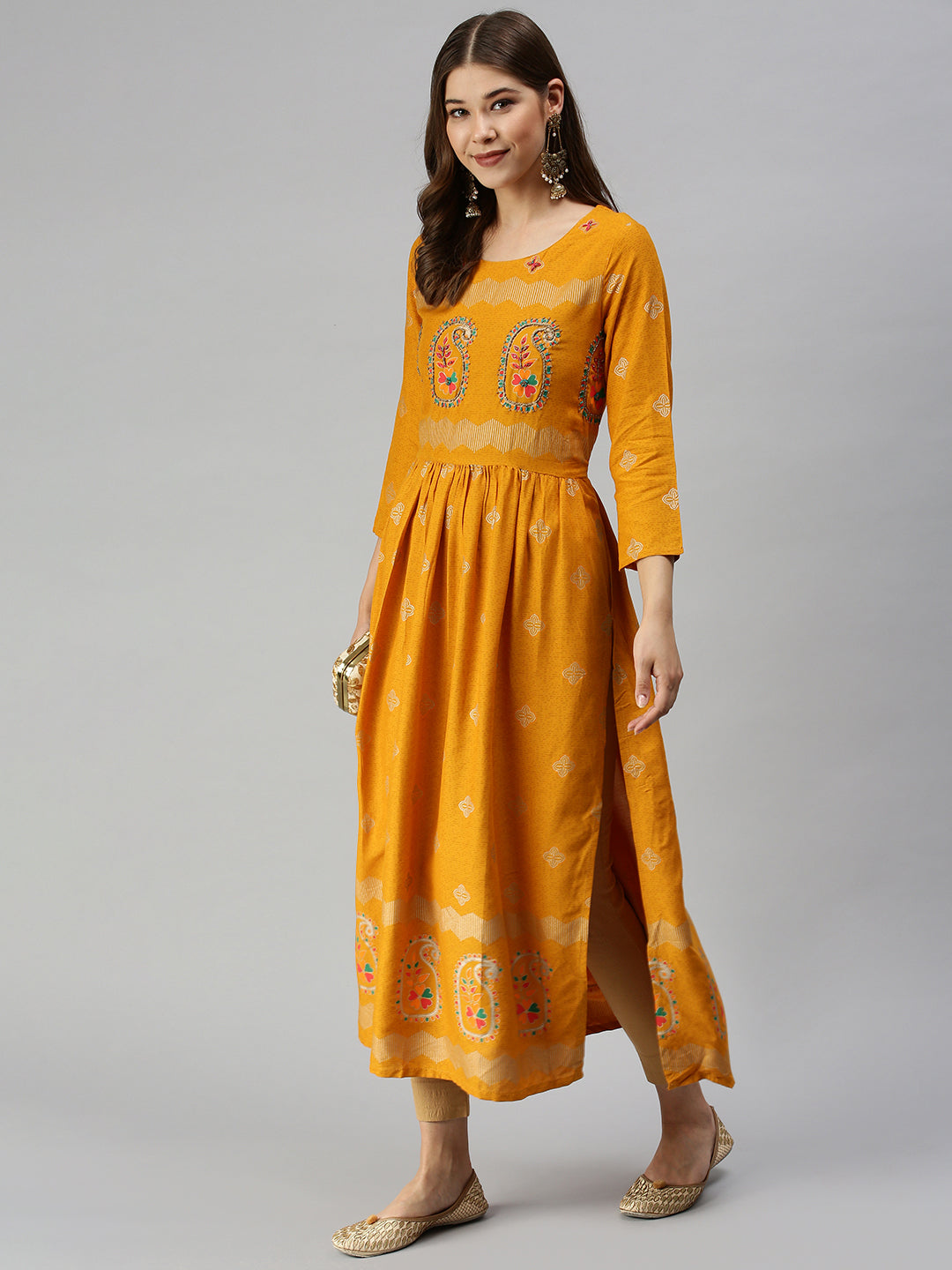 Women Printed Mustard A-line Kurta