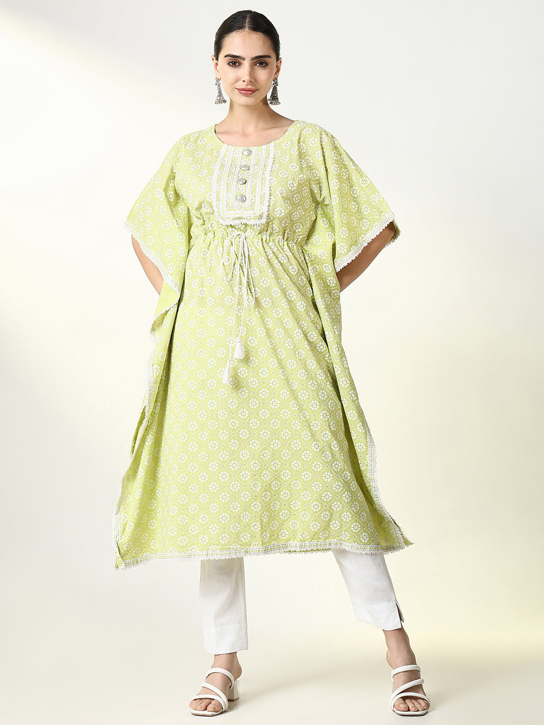 Women Green Geometric Kaftan Kurta