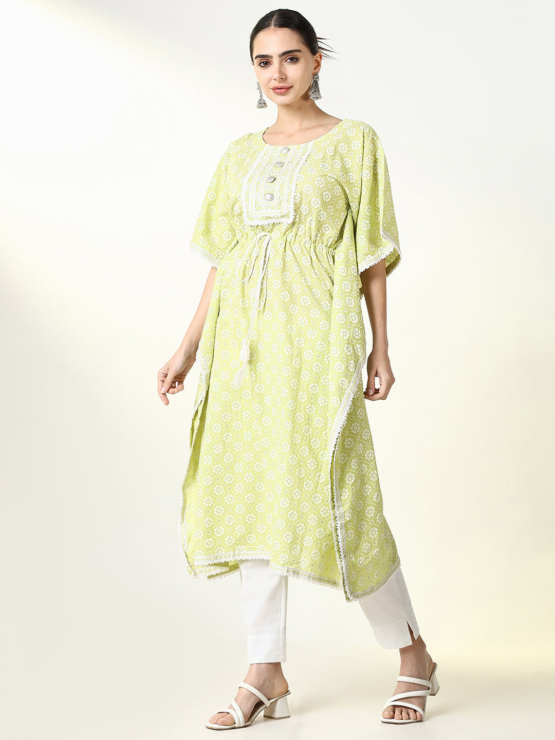 Women Green Geometric Kaftan Kurta