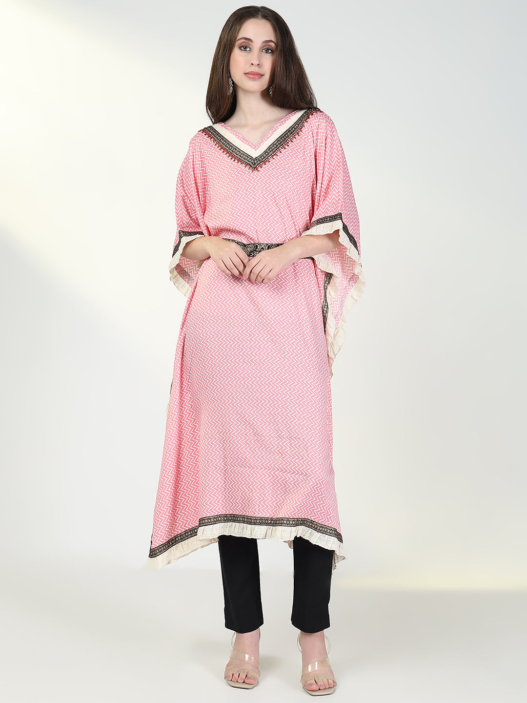 Women Pink Chevron Kaftan Kurta