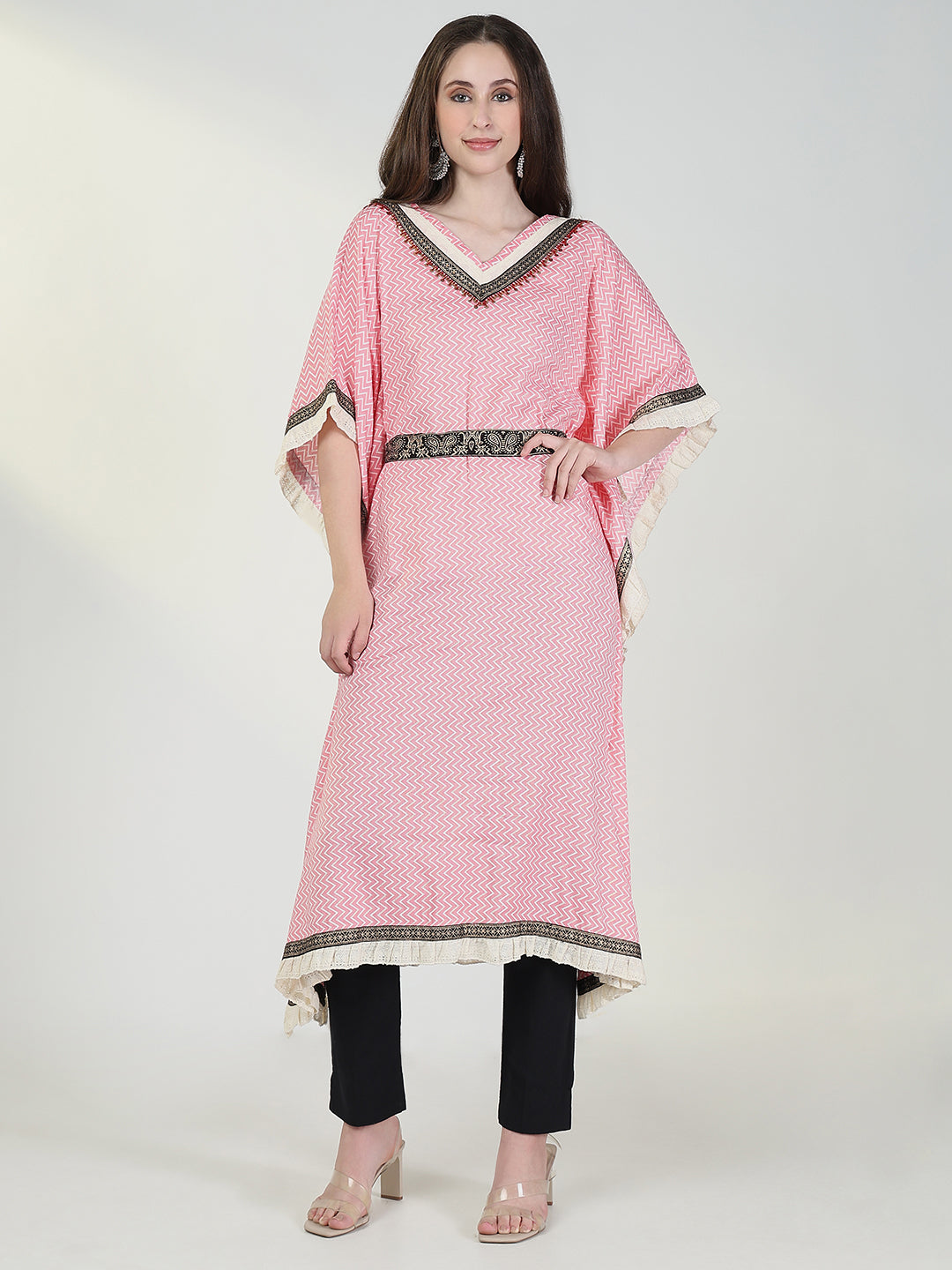 Women Pink Chevron Kaftan Kurta