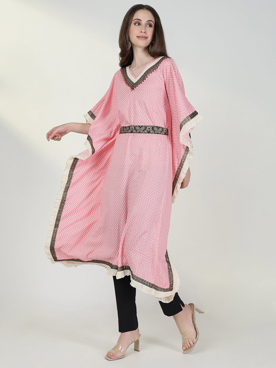 Women Pink Chevron Kaftan Kurta