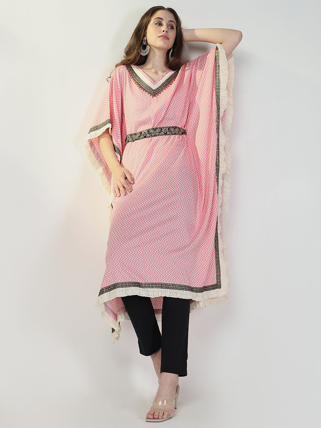 Women Pink Chevron Kaftan Kurta